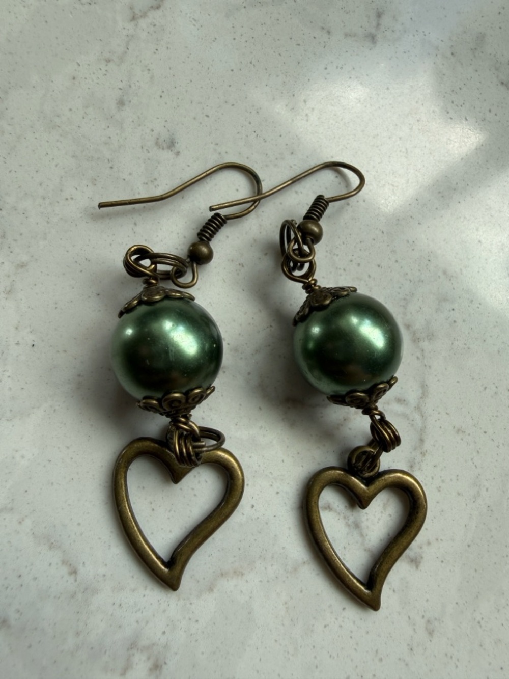 Green Pearl Drop Heart Earrings - Vintage Brass Accent